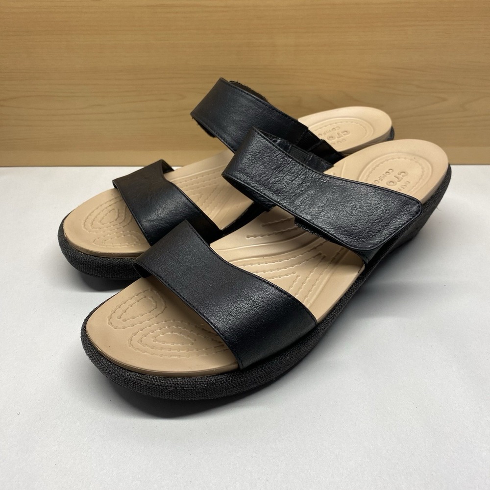 Crocs Sandals Womens Size 11 Black A Leigh II 2 Wedge Double Strap Comfort